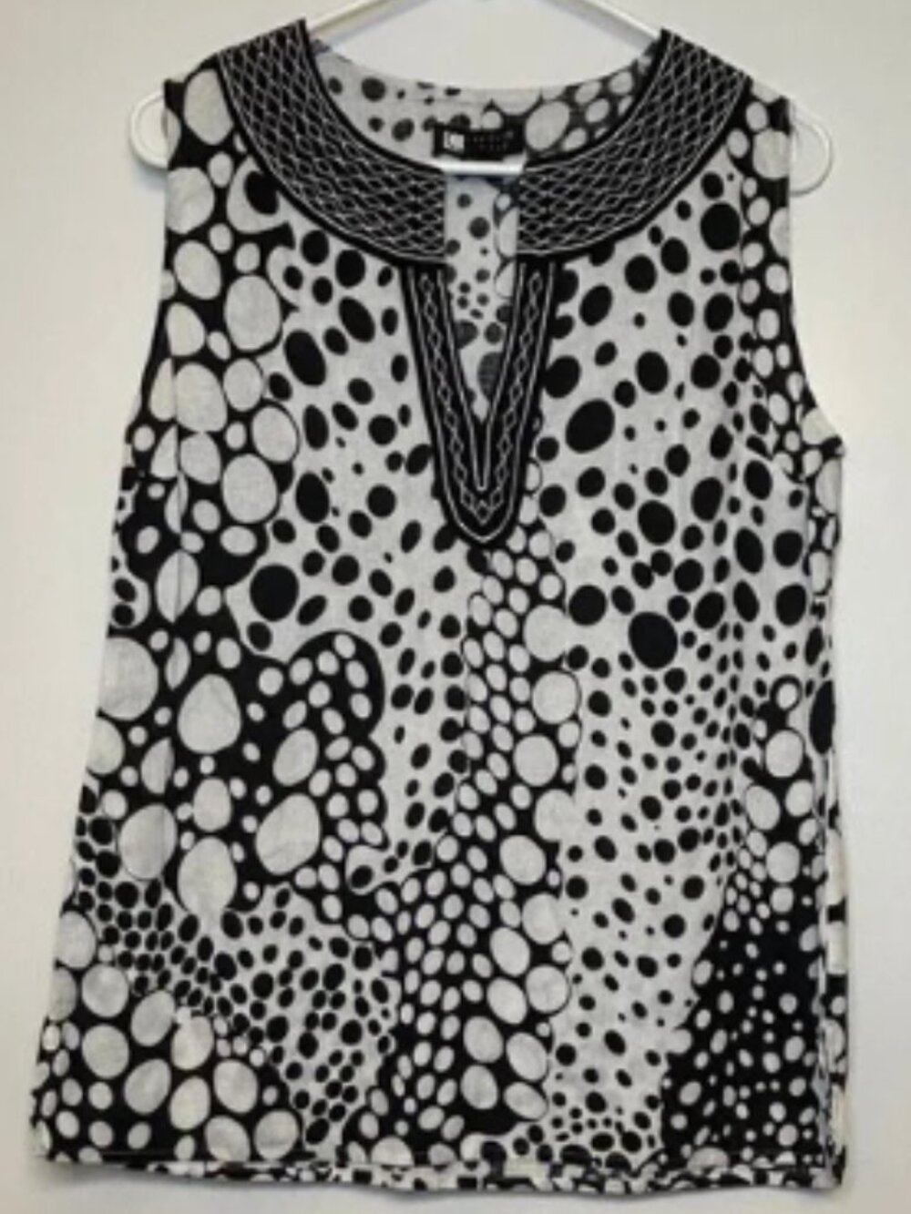 Carole Little Black White Polka Dot Embroidered Sleeveless Top XL